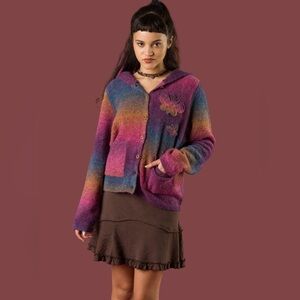 UNIF multicolor cozy hooded front pockets aplique Cardigan knit small unique